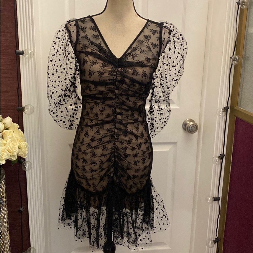 Alice McCall Black Sheer Floral Dress with Polka Dot Sleeves, US4